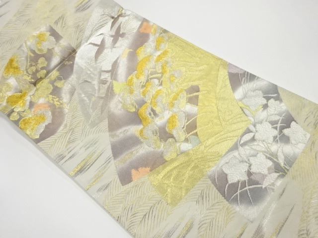 リサイクル　地紙に松・桔梗・蔦・群鶴模様織出し袋帯